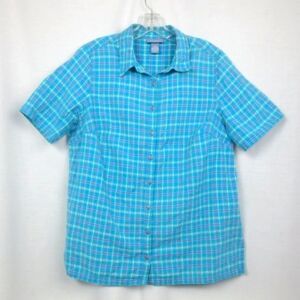 Liz & Me Shirt Colorful Blue Plaid Button Up Comfy Casual Cotton Plus Size 0X
